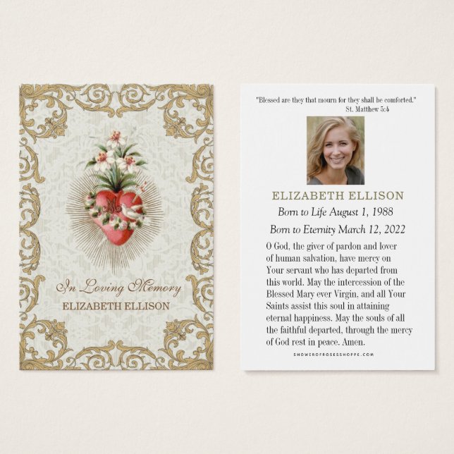 Katolskt begravningskort Mary Funeral Prayer Card Visitkort (Framsida & baksida)