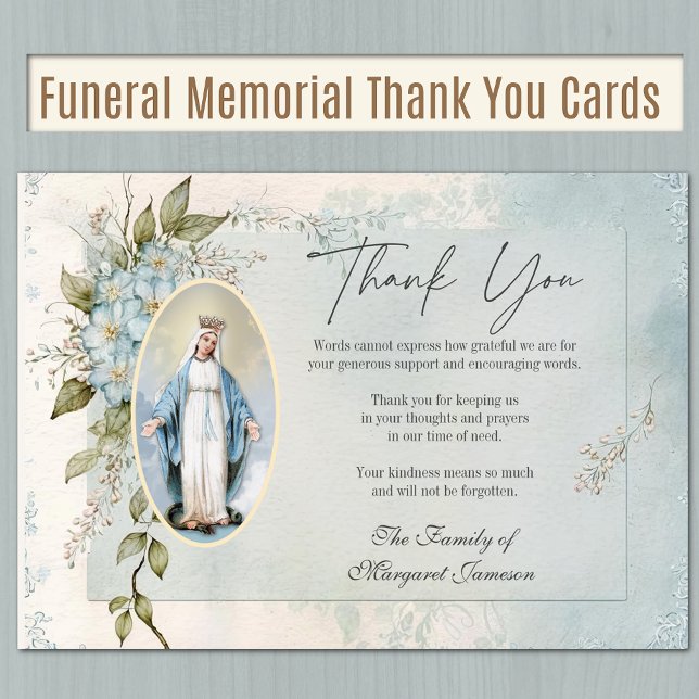 Katolskt begravningsminne, svart Jungfru Mary Tack Kort (Traditional Catholic Blessed Virgin Mary Floral Funeral Thank you Cards)