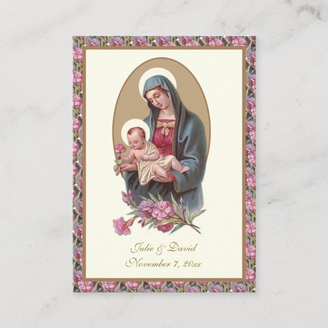 Katolskt bröllop Helig bön Maria Jesus Blommig  Visitkort (Framsida)