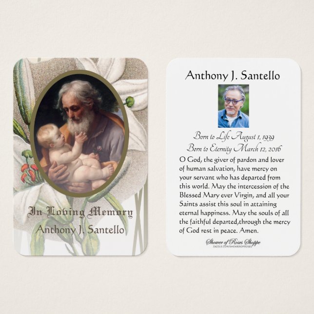 Katolskt Funeral St. Joseph Prayer Heliga Card Visitkort (Framsida & baksida)