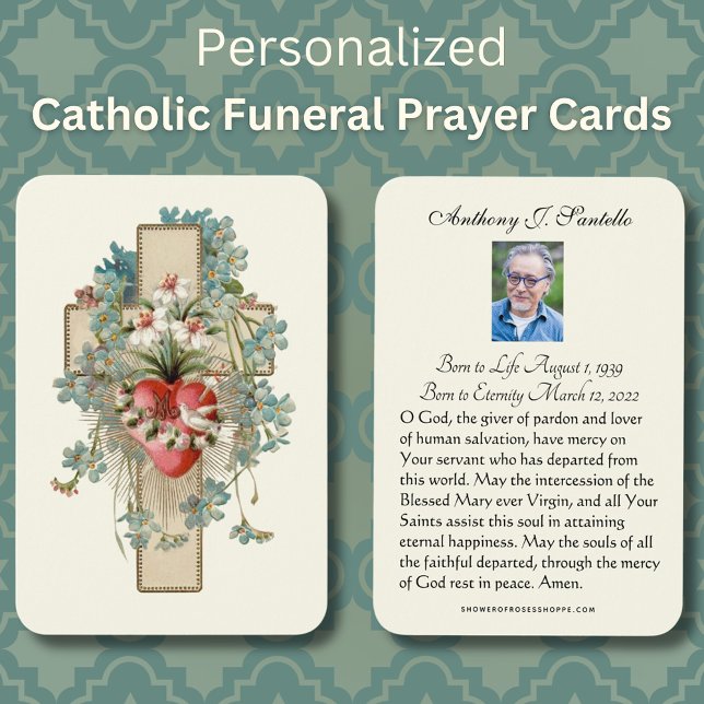 Katolskt Heliga för minnesbön Visitkort (Floral Traditional Catholic Funeral Prayer Card with Sacred Heart and Cross)