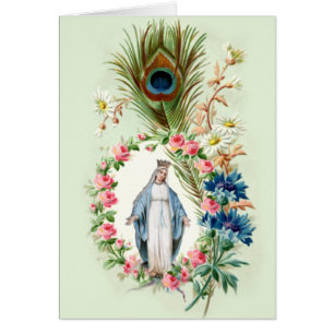 Katolskt jungfru Mary Religiösa Blommigt Peacock Hälsningskort