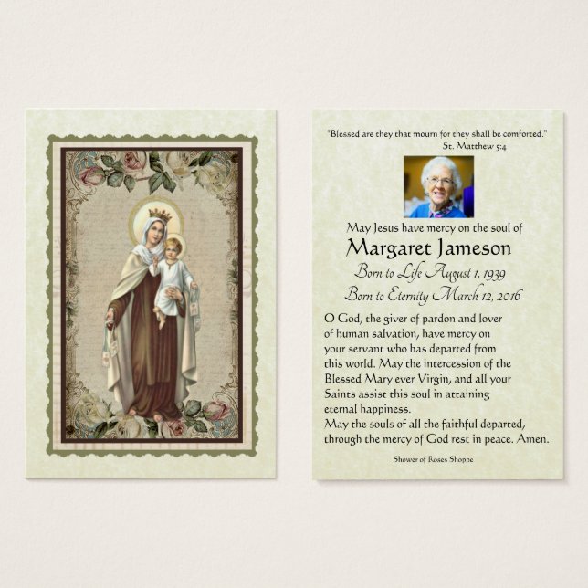 Katolskt Junggin Mary Funeral Prayer Memorial Card Visitkort (Framsida & baksida)