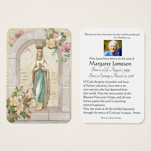 Katolskt Junggin Mary Funeral Prayer Memorial Card Visitkort (Framsida & baksida)
