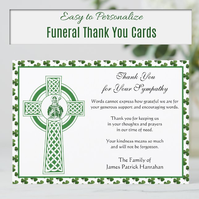 Katolskt kondoleans Irish St. Patrick Shamrocks Tack Kort (Irish Celtic Cross and St. Patrick Funeral Thank you cards)