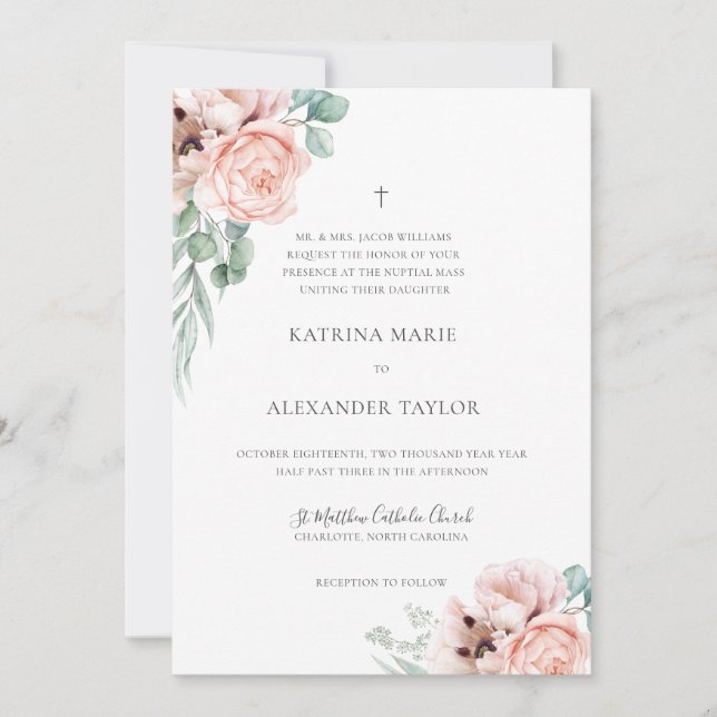 Katrina Boho Watercolor Flowers Catholique Bröllop Inbjudningar (Framsida)