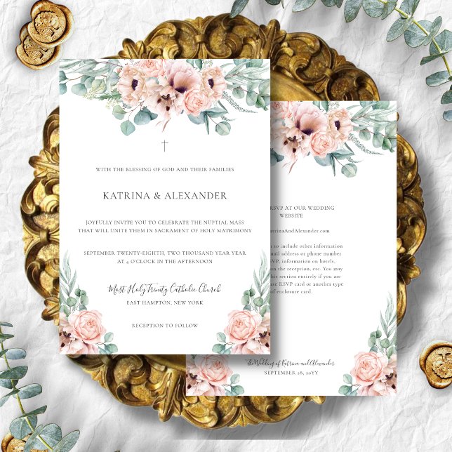 Katrina Rosa Boho Modern katoliska Bröllop Inbjudningar (Floral pink boho Catholic wedding invitation with RSVP on back.)