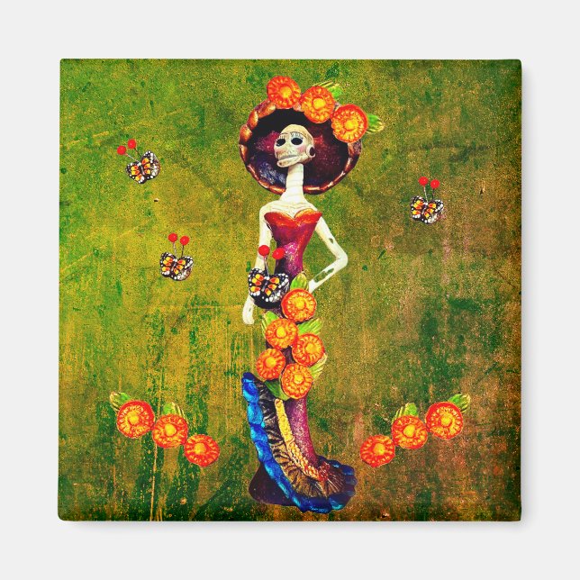 Katrina W/Hat, Orange Flowers & Blue Guld Ruffles Magnet (Framsidan)