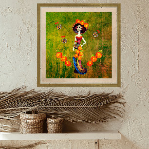 Katrina W/Hat, Orange Flowers & Blue Guld Ruffles Poster