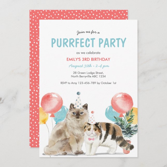 Kats Puurfect Birthday-inbjudan Inbjudningar (Fram/baksida)