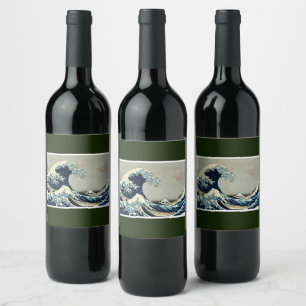 Katsushika Hokusai är Underbara vågen av Kanagawa Vinflaska Etikett