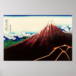 Katsushika Hokusai - Blixtar nedanför toppen Poster