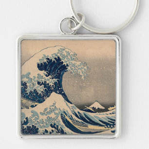 Katsushika Hokusai. Den Underbara vågen av Kanagaw Fyrkantig Silverfärgad Nyckelring