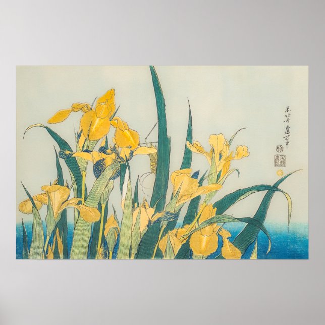 Katsushika Hokusai - Grashopper och Iris Poster (Framsidan)