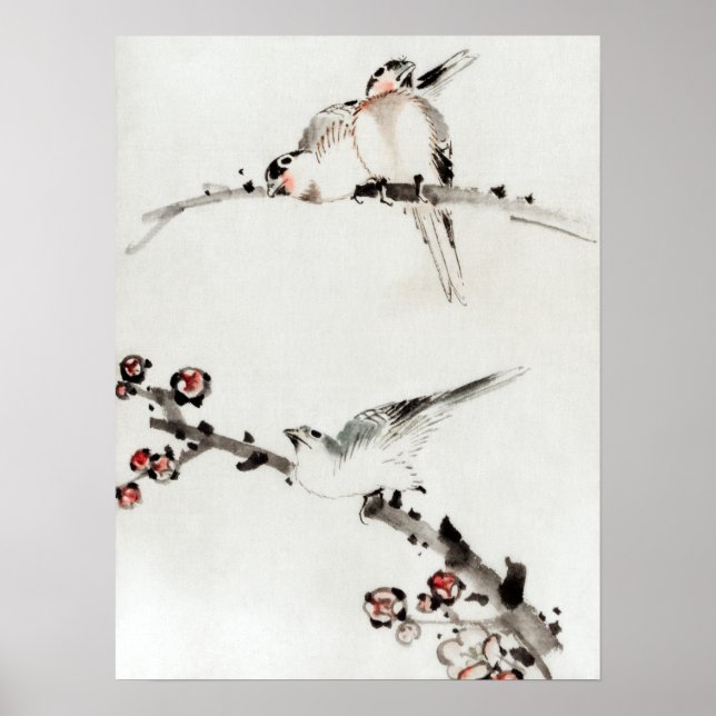 Katsushika Hokusai Three Birds Perched på Grenar Poster (Framsidan)