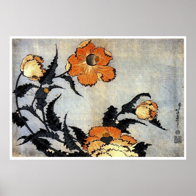 Katsushika Hokusai Ukiyo-e Woodcut Print - Poppies Poster (Framsidan)