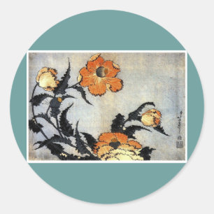 Katsushika Hokusai Ukiyo-e Woodcut Print - Poppies Runt Klistermärke