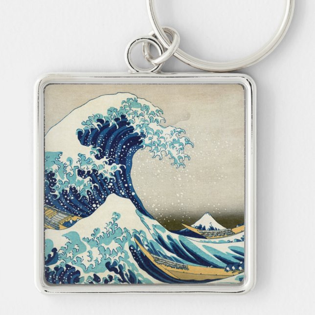 Katsushika Hokusai - Underbara vågen av Kanagawa Fyrkantig Silverfärgad Nyckelring (Framsidan)