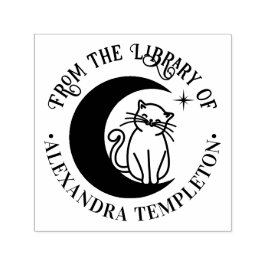 Katt #3 På en halvmåne bibliotek boknamn Självfärgande Stämpel