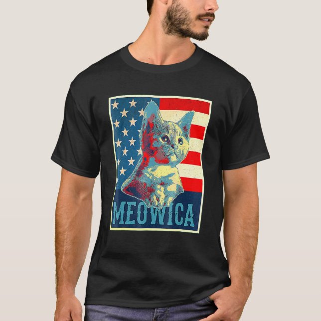 Katt 4:e Juli Meowica Kitty Katt Merica Usa Ameri T Shirt (Framsida)
