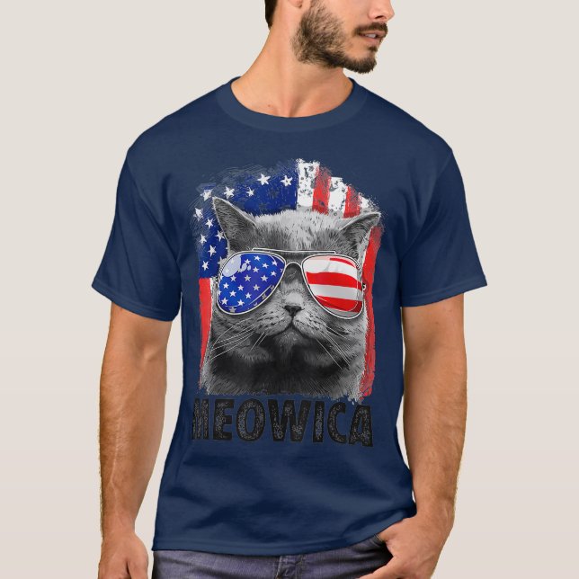 Katt 4:e juli: Meowica Merica Manar USA flagga T Shirt (Framsida)