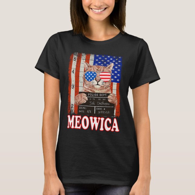 Katt 4:e juli Meowica Merica USA Amerikanska Flagg T Shirt (Framsida)