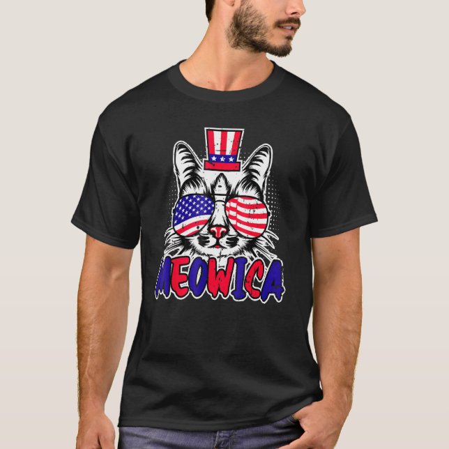 Katt 4:e Juli Patriotisk Meowica Merica Män Ameri T Shirt (Framsida)