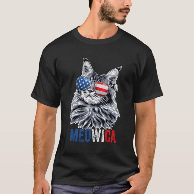 Katt 4 juli Meowica Sunglass American Flagga T Shirt (Framsida)