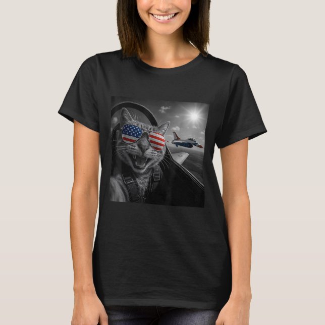 Katt 4 juli Selfie Jet Rolig Katt Män Kvinnor T Shirt (Framsida)