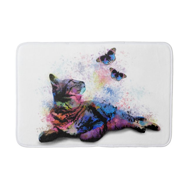 Katt 614 rosa blå fjäril badrumsmatta (Framsidan)