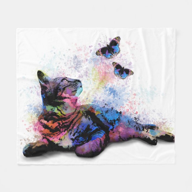 Katt 614 rosa blå fjäril fleecefilt (Framsidan (Horisontell))