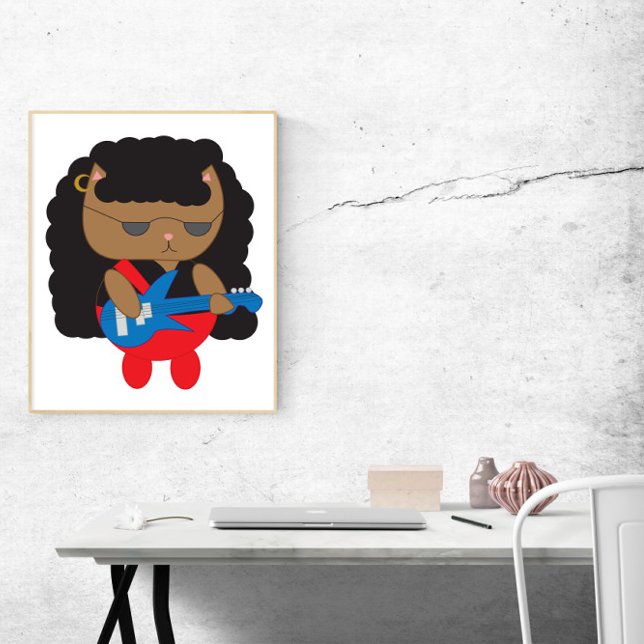 Katt 80-talets Heavy Metall Hair Band Bassistance Poster (A fun poster of a cat dressed up as a member of a hair metal band playing bass.)