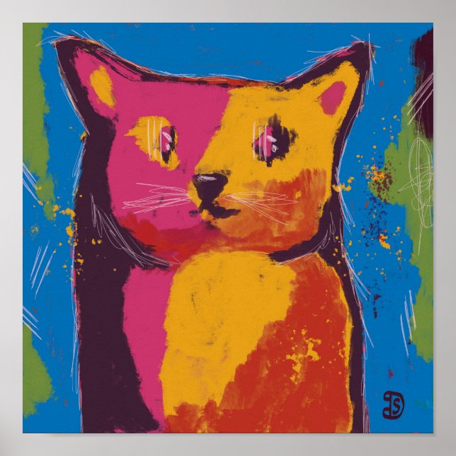 Katt, abstrakt digital målning, starka färger poster (Framsidan)
