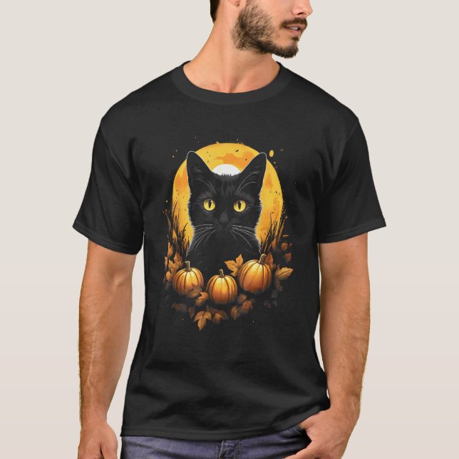 Katt Ansikte Fullmåne Pumpa - Söt Höstkat T Shirt (Framsida)
