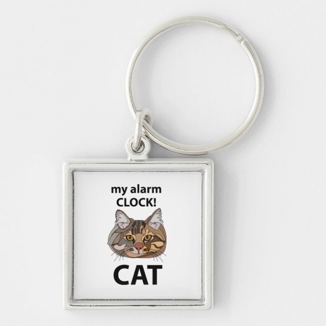 Katt Ansikte Min Väckarklocka Tabby Katt Fyrkantig Silverfärgad Nyckelring (Framsidan)