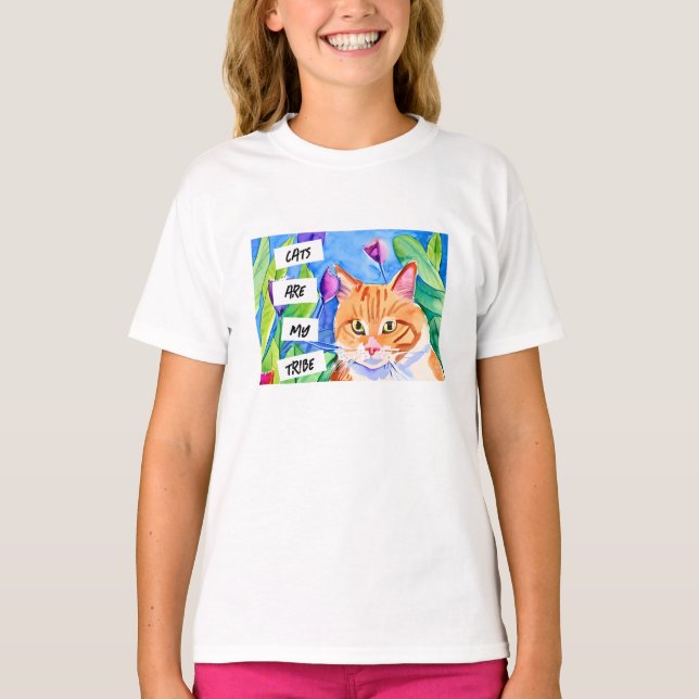 Katt är min stam | Orange Katt och blommor T Shirt (Framsida)
