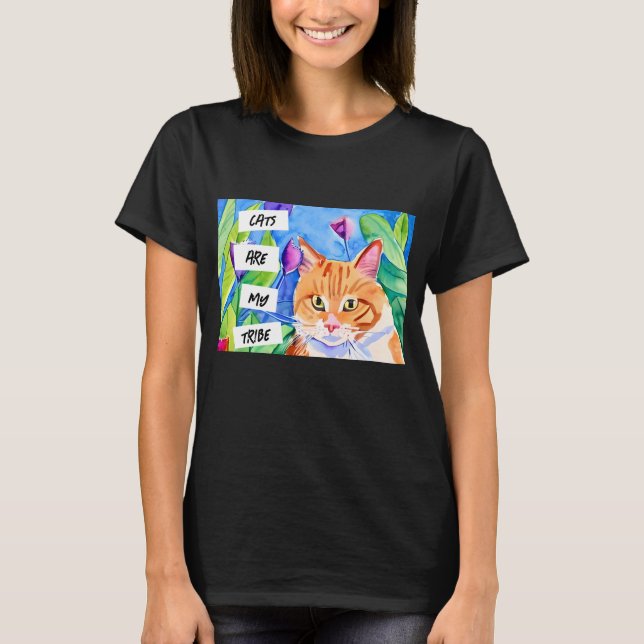 Katt är min stam | Orange Katt och blommor T Shirt (Framsida)