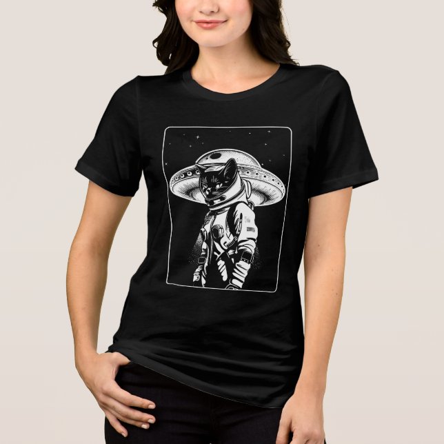 Katt Astronaut Alien UFO Science Fiction T Shirt (Framsida)