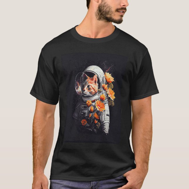 Katt Astronaut Blomma T Shirt (Framsida)