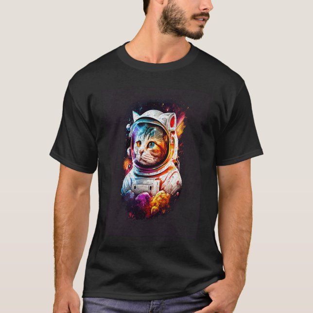 Katt Astronaut Färgglad T Shirt (Framsida)