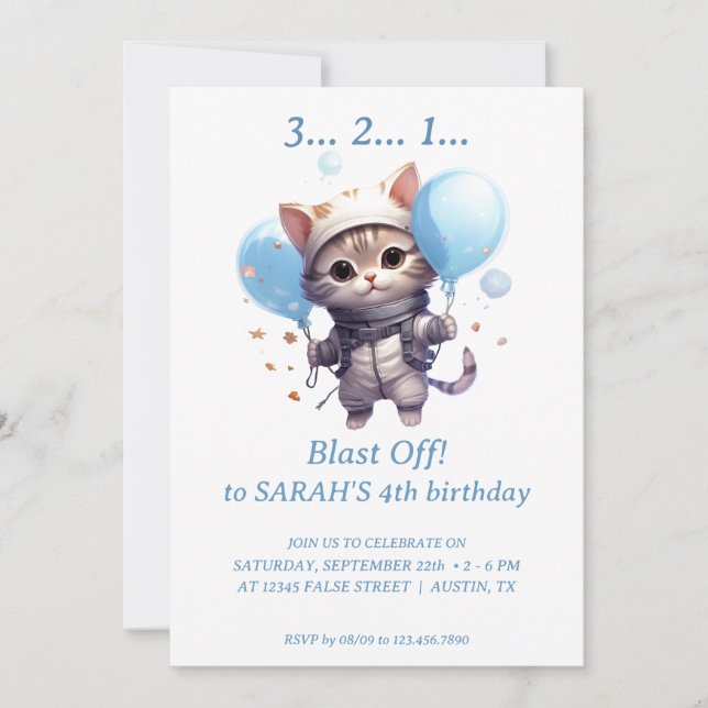 Katt Astronaut för barn: Födelsedagsfest inbjudan (Framsida)