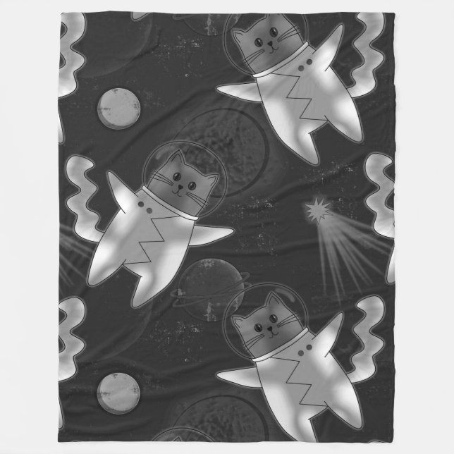 Katt astronaut i svartvitt. fleecefilt (Framsidan)