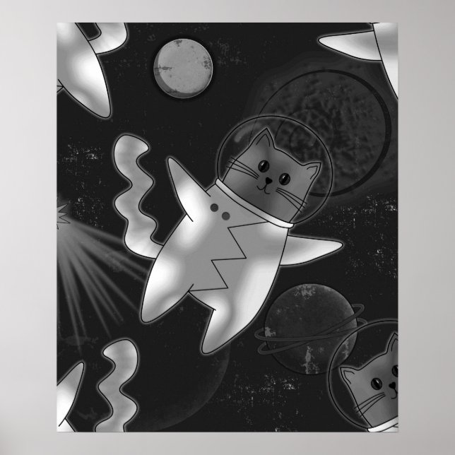Katt astronaut i svartvitt. poster (Framsidan)