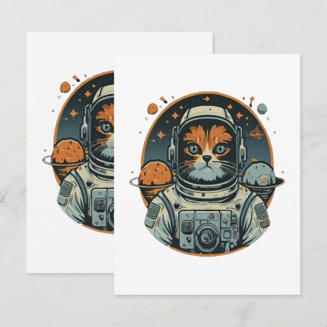 Katt-astronaut på asteroider anteckningskort (Fram/baksida)