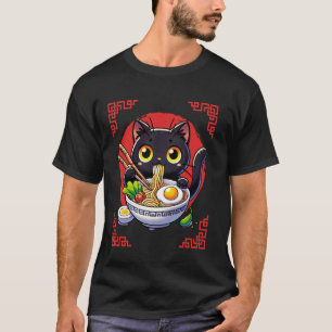Katt äter Ramen Nudlar Vintage Stil Japansk Konst T Shirt