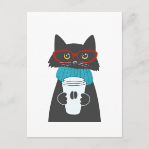 Katt av glasögon som håller kopp på kaffe vykort