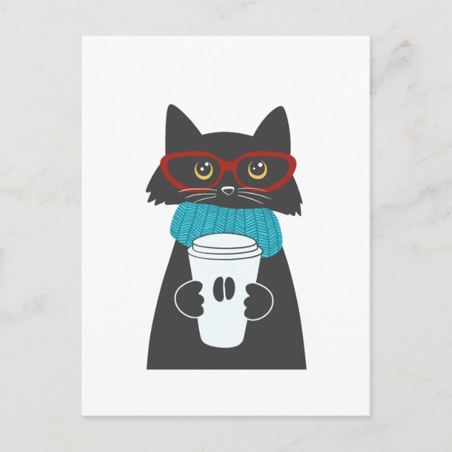 Katt av glasögon som håller kopp på kaffe vykort (Framsida)