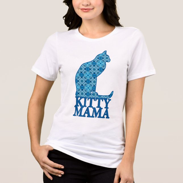Katt av kattunge Mamma Sitta i Denim Blue Mönster T Shirt (Framsida)