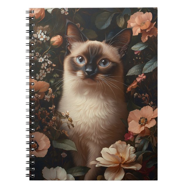 Katt av siamesisk Rosa, omgiven av  blommor Anteckningsbok (Framsidan)