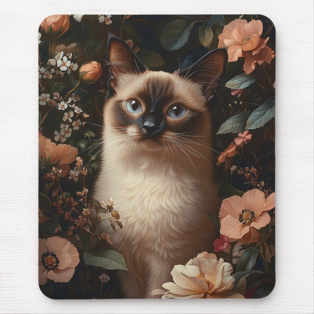 Katt av siamesisk Rosa, omgiven av  blommor Musmatta (Framsidan)